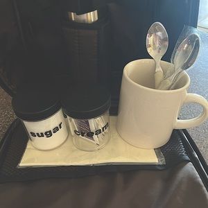 Gevalia travel coffee thermos w/coffee mug, spoons,& containers for sugar & etc